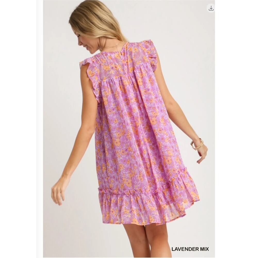 UMGEE - FLORAL METALLIC FLUTTER SLEEVE SRESS W/SMOCKED DETAIL / LINING - Large - Picture 4 of 4